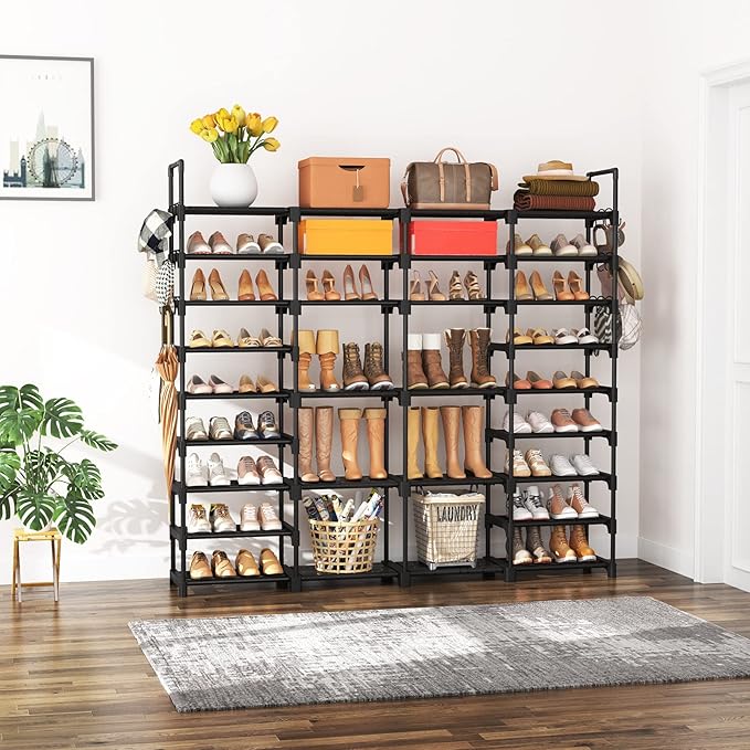 ROJASOP Large Shoe Rack Organizer for Entryway Closet 64-68 Pairs 9-Tier Heavy Duty Tall Garage Shoe Rack Shoe Shelf Shoes Storage with 18 Pcs Removable Side Hooks for Bedroom and Garage Black-NeatNest