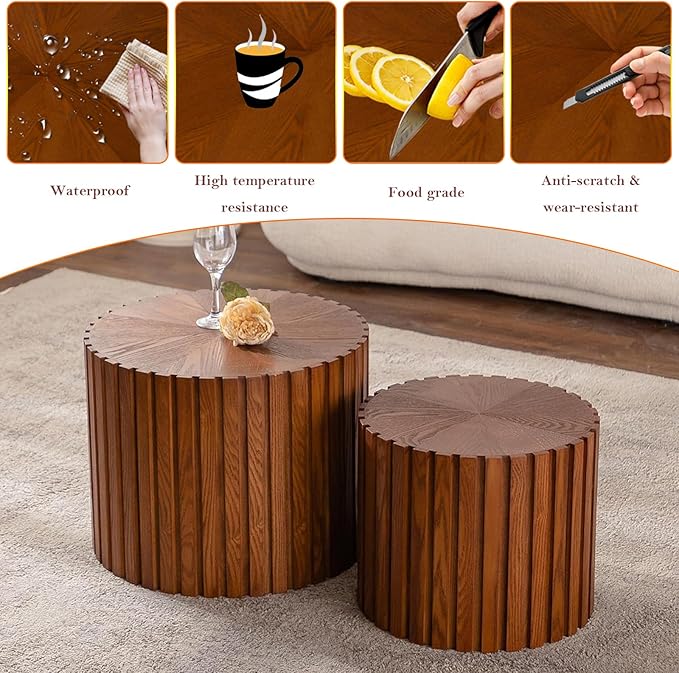 Handcraft Round Nesting Coffee Table - Chic Wave Stripe Edge, Modern Stylish Walnut Wooden Circle Fluted Center Table for Living Room (18.9in+15in)