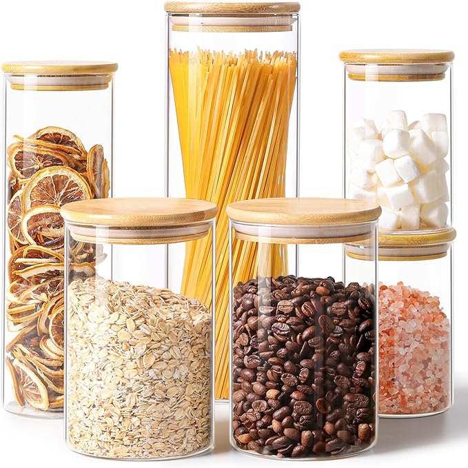 ComSaf Glass Food Storage Jars Set of 6, Clear Glass Storage Containers with Lids, Canisters Sets for the kitchen, Spaghetti, Pasta, Flour, Nuts, Oat, Coffee and Sugar Container, Pantry Organization-NeatNest