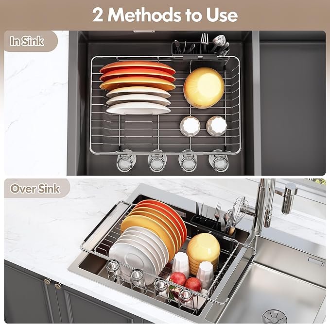 romision in Sink Dish Drying Rack, Stainless Steel Dish Drainers for Kitchen Sink, Use for in Sinks & Over Sink, Compact Dish Dryer Racks with Utensil & Cup Holder, Sliver