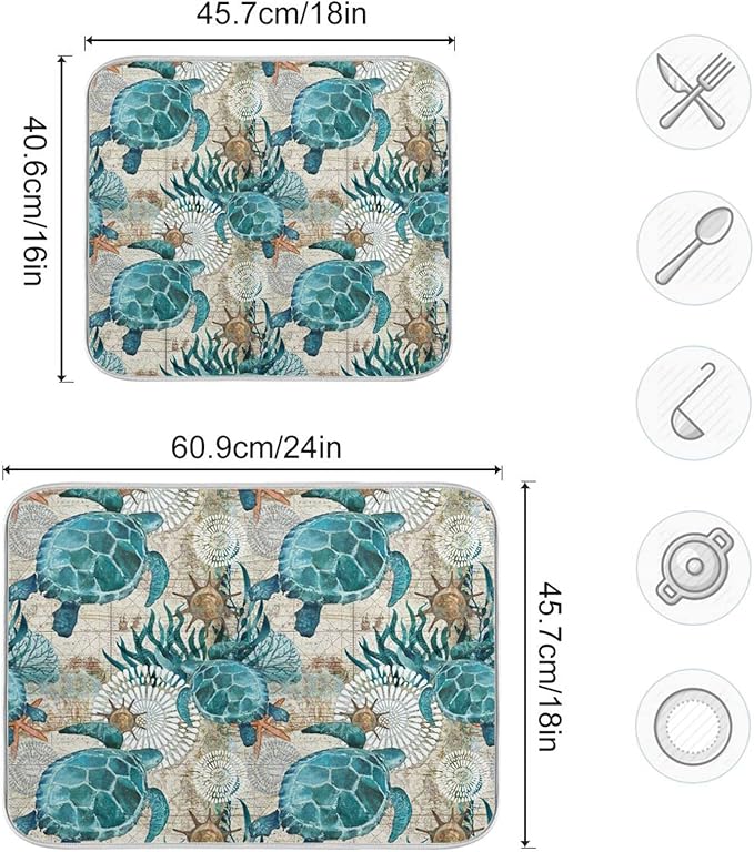 Absorbent Dish Drying Mat for Kitchen Counter - Watercolor Lake Bottom Microfiber Drying Pad, Reversible Drainer Mats for Countertop, Small 16 x 18 inch