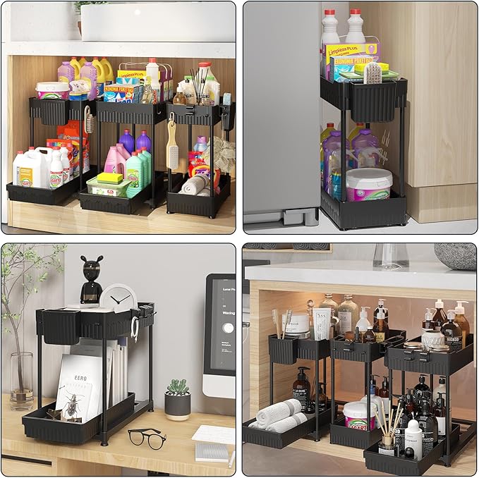 3 Pack Under Sink Organizers, 2-Tier Multi-Use Kitchen and Bathroom Organizers and Storage with Sliding Drawers,Bathroom Cabinet Organizer (Black, 14.8 Inch)-NeatNest