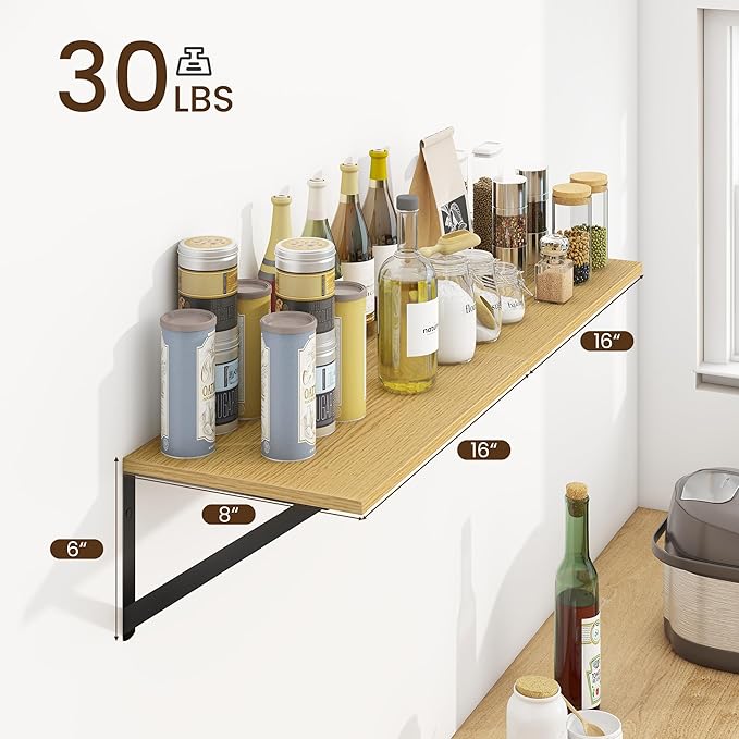 Fun Memories Deep Floating Shelves for Wall, 16W x 8D Wall Mounted Shelves Set of 2, Wide Display Ledge Shelf with Sturdy Metal Brackets for Living Room, Bathroom, Bedroom and Kitchen, Oak-NeatNest