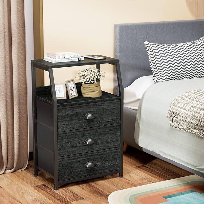 Furnulem Black Night Stand, Small Dresser for Bedroom, Nightstand with 3 Fabric Storage Drawers and 2-Tier Shelf, End Table Side Furniture for Closet, Hallway, Nursery, Sturdy Steel Frame, Wood Top-NeatNest