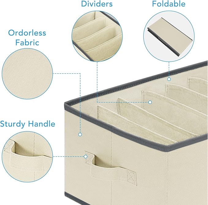3 Pcs Large Size Wardrobe Clothes Organizers 6 Grids for Pants, Jeans, Sweater, T-shirt, Thin Coat, Dress Stackable Closet Drawer Organizer Storage Bin Container with Sturdy Handles, Beige-NeatNest