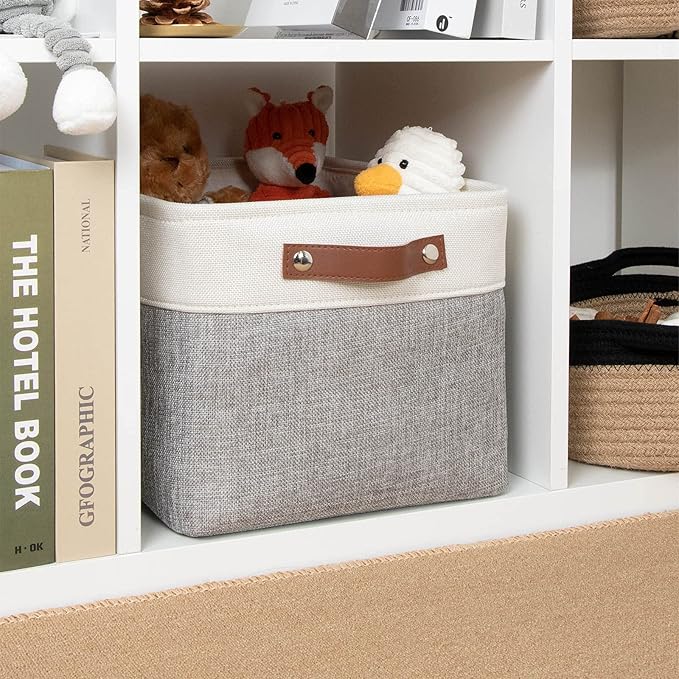 DULLEMELO Collapsible Rectangle Storage Basket for Shelves/Closets - Organize Clothes, Toys, Towels, Books, Laundry, Nursery, Dog Toys - Empty (White & Gray)-NeatNest