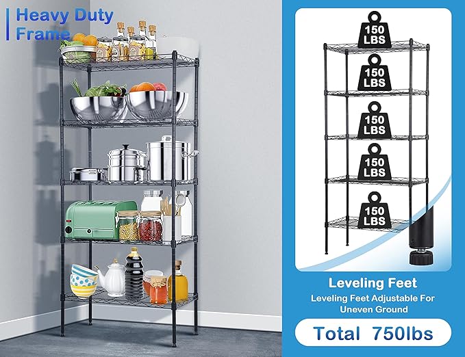 5-Tier Metal Wire Shelving Unit Snack Shelf Height Adjustable Storage Rack NSF Certified Storage Shelves 750 Lbs Capacity Standing Utility Shelf for Laundry Kitchen Pantry Garage Organization