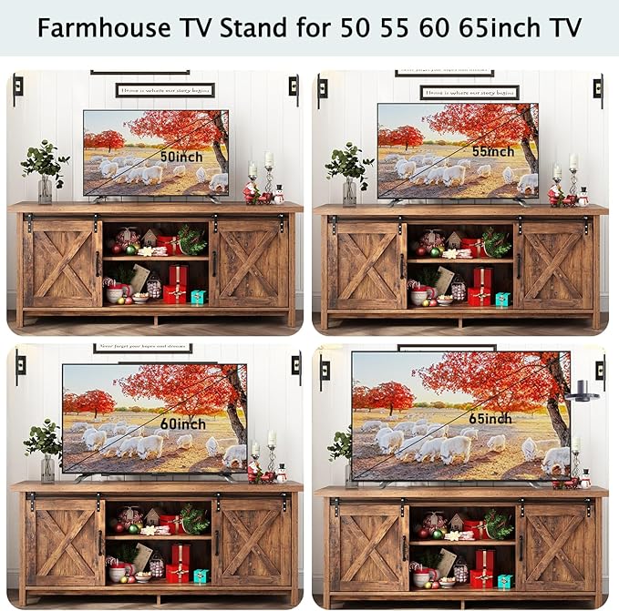 Farmhouse TV Stand for 55-65in TV with Adjustable Shelves & Sliding Barn Door - Rustic, Wooden Entertainment Center & Media Cabinet for Bedroom, Living Room (Dark Brown, 58in)-NeatNest
