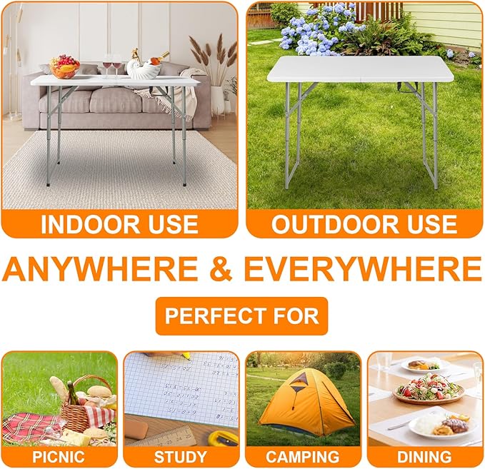 Generic 4ft Portable Folding Table, Plastic Table w/ 4 Adjustable Heights, Indoor Outdoor Heavy Duty Fold-in-Half Utility Table w/Carry Handle 300LBS, White-NeatNest