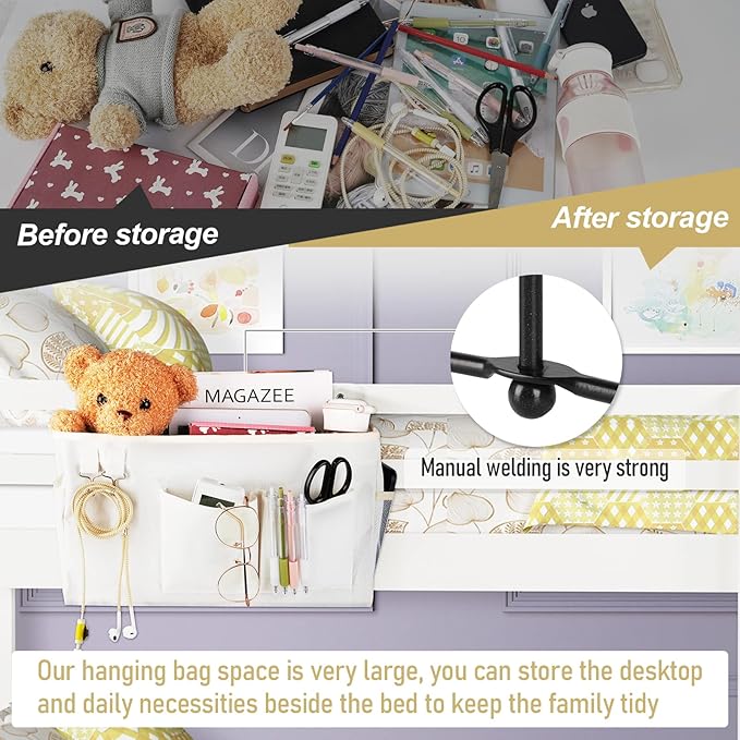 Bedside Caddy Bedside Organizer Hanging Storage Bag for Bunk College Dorm Bed and Hospital Beds with Magazine Water Bottle Phone Holder (White)-NeatNest