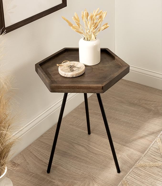 Kate and Laurel Kashvi Modern Side Table 17 x 15 x 20; Graywash; Decorative Farmhouse Hexagon Bedroom Nightstand Table for Storage and Display