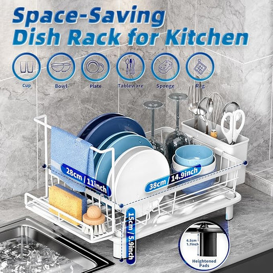 Compact Dish Drying Rack, Dish Drainers for Kitchen Counter with Sponge Rack, Kitchen Drying Rack with Drainboard, Utensil Holder and Automatic Drainage Drainboard, White-NeatNest