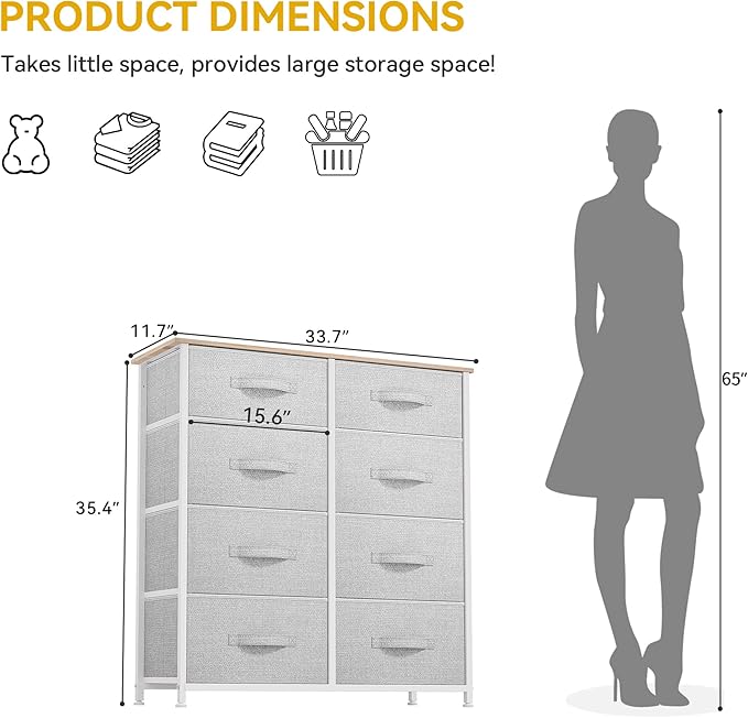 DWVO Fabric Dresser for Bedroom, Tall Dresser with 8 Drawers, Storage Tower with Fabric Bins, Chest of Drawers for Closet & Living Room - Sturdy Steel Frame, Wooden Top-NeatNest