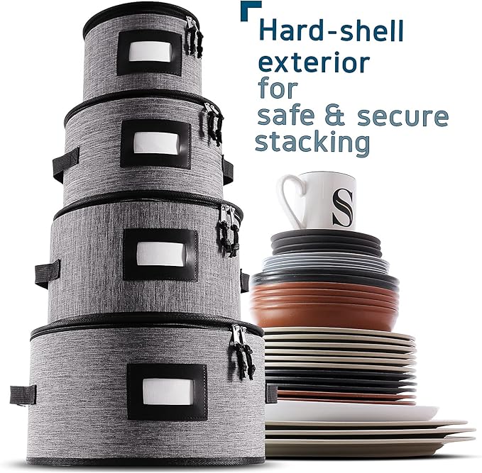 Fine China Storage Containers Hard Shell, 4 Piece Dish Storage Containers, Quilted Plate Containers, Stackable Dish Organizer with Dividers, Dinnerware Storage for Moving and Seasonal Storage, Grey-NeatNest