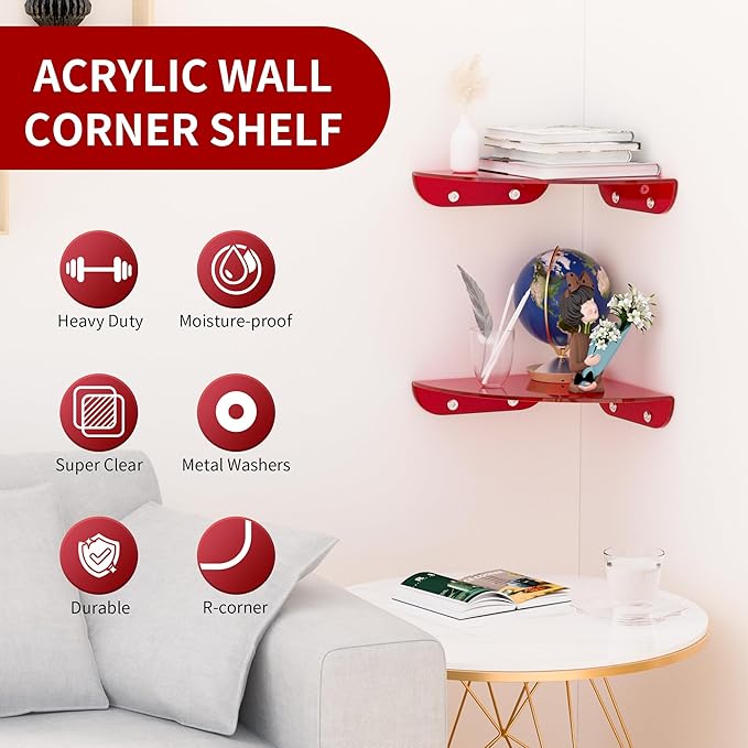 9.5x9.5 Inch Acrylic Corner Floating Shelf Set of 2, Red Corner Wall Shelf for Home Décor, Speakers, Security Cameras, Toileries, Plants, Figures, Cosmetics, Books