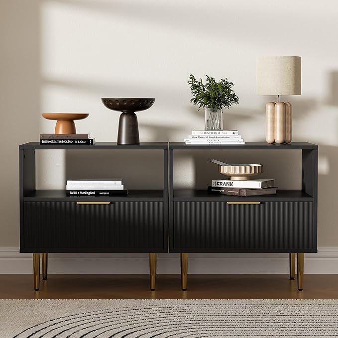 Black Nightstand Set of 2, Modern Nightstand with Drawer, End Table with Storage, Bed Side Table with Open Space for Bedroom, Side Table for Bedroom, Living Room, Black-NeatNest