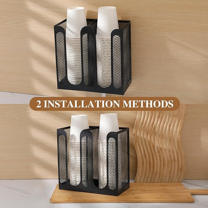 Maxcheck Metal Mesh Cup and Lid Holder Coffee Paper Cup Dispenser Lid Holder Storage Organizer Countertop or Wall Mount for Coffee Bar, Kitchen, Breakroom(2 Compartments)