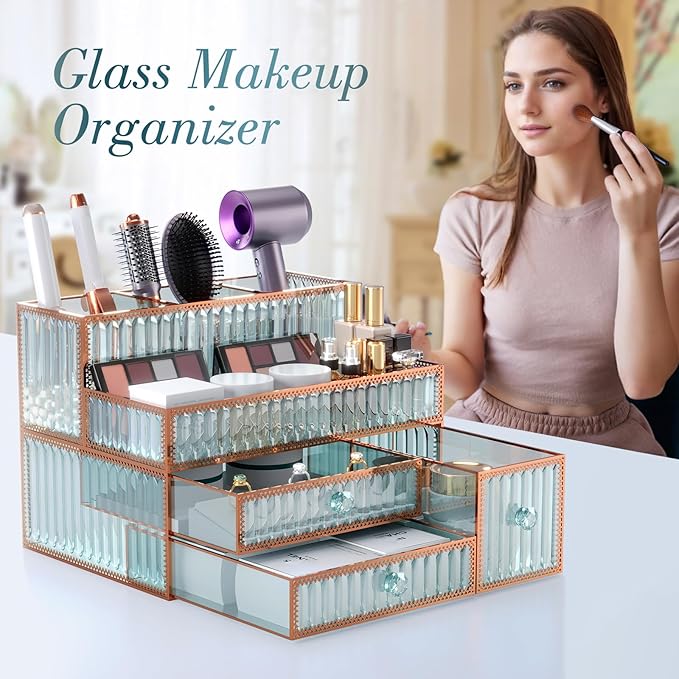 Makeup Organizer Countertop - Tempered Glass Vanity Organizer for Cosmetics, Skincare, Hair Tools, Brushes, Perfume - Multipurpose Bathroom Counter Skincare Organizer