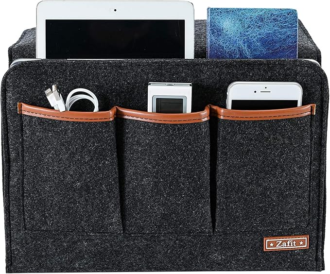 Bedside Caddy, Large Size Storage Organizer with 6 Pockets for Magazine, Remotes, Phone (13.4'' x 18.1'', Dark Grey)-NeatNest