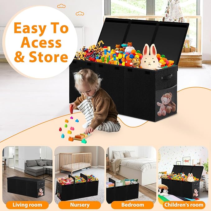 Extra Large Toy Storage Box with Lid Divider, Sturdy Collapsible Toys Organizer Chest Kids Storage Bins Boxes Baskets for Boys, Girls, Nursery, Bedroom, Living Room, Playroom, 40"x14"x16", Black