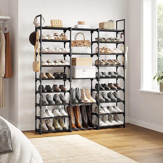 WOWLIVE 9 Tiers Large Shoe Rack Storage Organizer for Closet 50-55 Pairs Shoe Tower Unit Shelf Stackable Shoe Rack with Metal Pipes Plastic Connectors Black(SSS3B9)-NeatNest