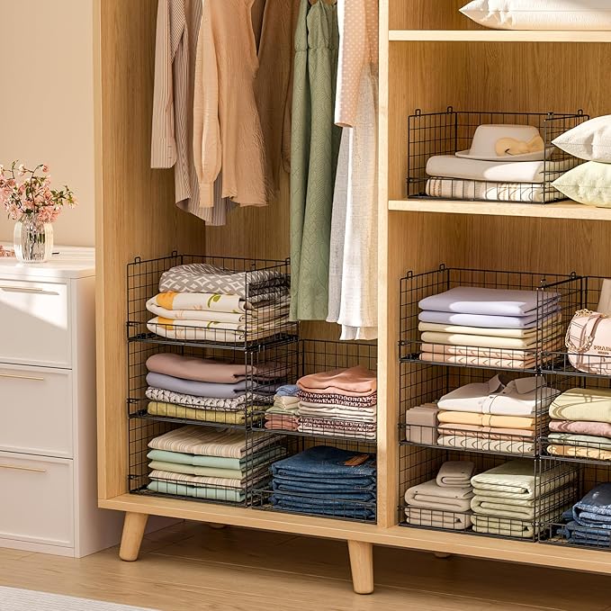 5-Tier Stackable Closet Organizers and Storage Shelves, Closet Shelf Organizer Basket Bins, Foldable Sweater Storage for Closet Organizer System, Black(Patent Pending)