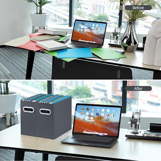 Oterri File Organizer, 2 Packs Small Storage Box, Cardboard File Folder Organizer, Collapsible File Box for Hanging File Folders Letter Size, Portable Filing Organizer with Handle (Dark Grey)