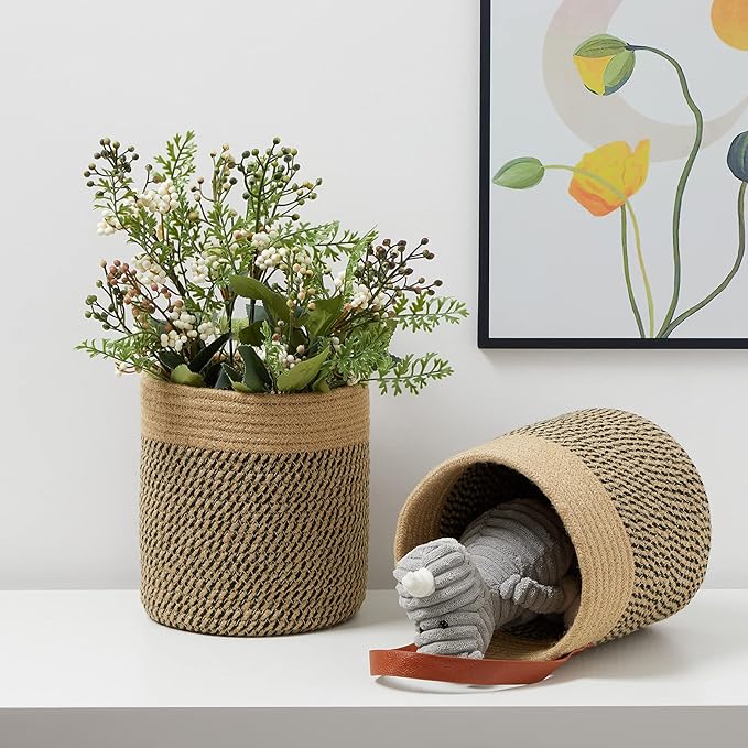 DULLEMELO Wall Hanging Storage Baskets 2 Pack 7"(D) x 8"(H), Small Woven Hanging Baskets With Sturdy Leather, Wall Door Hanging Organizer for Plants,Key,Sunglasses,Wallet (Jute&Black)-NeatNest