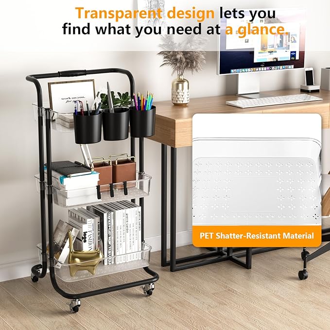 3 Tier Rolling Cart with Metal Handle, Hanging Cups, Hooks, Plastic Storage Baskets & Wheels Lockable, Utility Craft Cart for Bathroom Classroom Office Kitchen Pantry Organizers and Storage, Clear-NeatNest