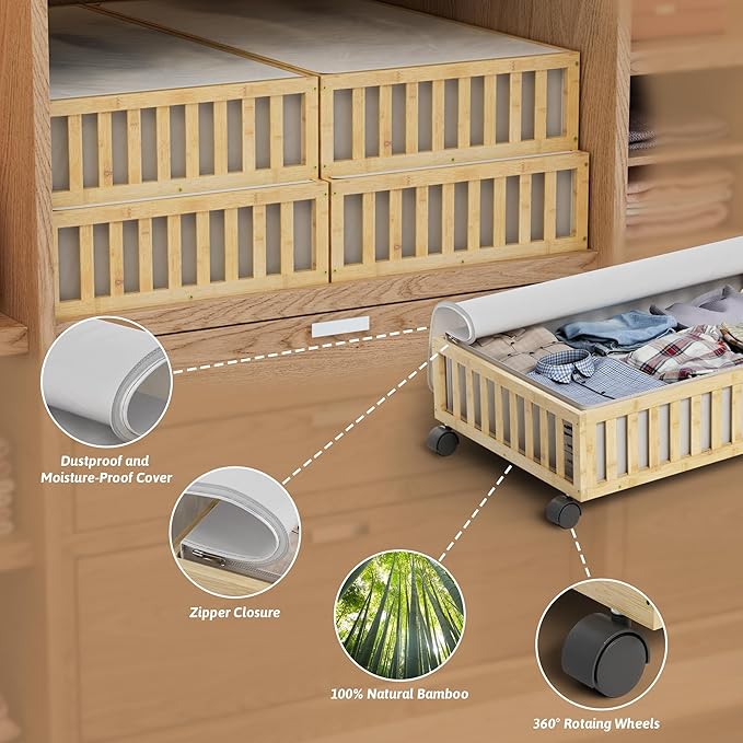 Bamboo Under Bed Storage Containers with Wheels, 2 Pack Large Under the Bed Shoe Storage Bins, Wood Rolling Underbed Drawers Organizer for Bedroom Closet Clothes Blanket Under Crib Toy Nature-NeatNest