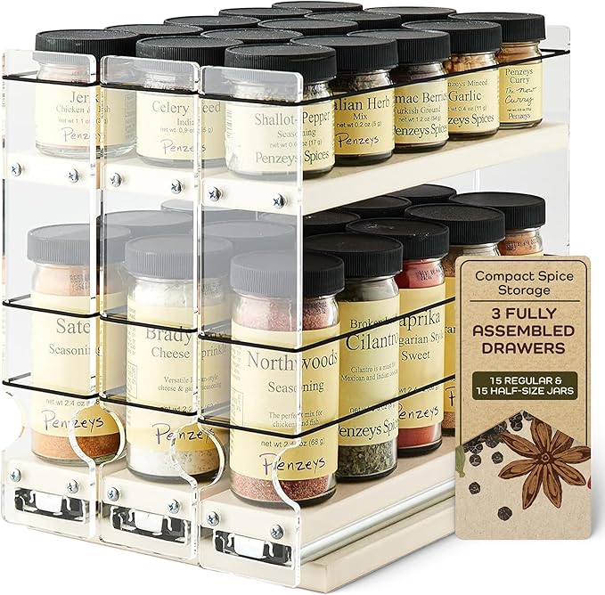 Vertical Spice Cabinet Mounted Spice Rack Organizer - 3 Drawers,15 Reg. & 30 Half Sized Spice Jars - Pantry Organizers & Storage - Pullout Shelf for Kitchen Cupboard (6.9''W x 9.25''H x 10.6"D, Cream)