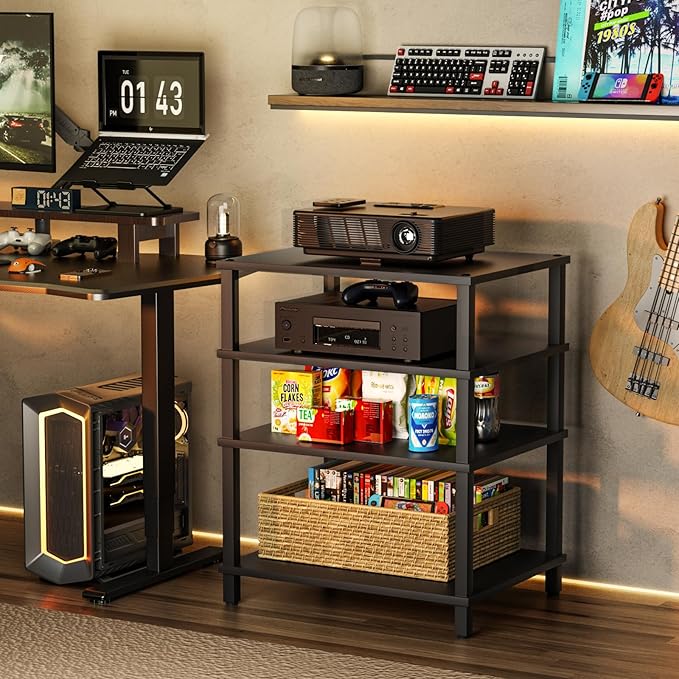 4-Tier AV Media Player Stand, Black Stereo Cabinet, Modern Stereo Cabinet, Wooden TV Stand,Game Console Shelf, Multifunctional Entertainment Center, Suitable for Home, Conference Room, Game Studio-NeatNest