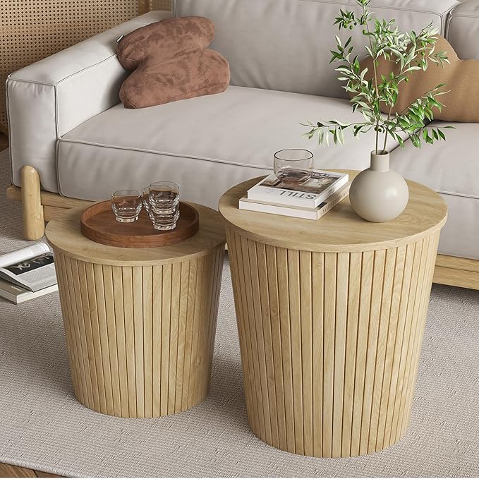 Round Coffee Table Set,2-Piece Modern Farmhouse Living Room End Table Set, Nesting Table Round Natural Finish for Living Room (Wood, 17.72'')