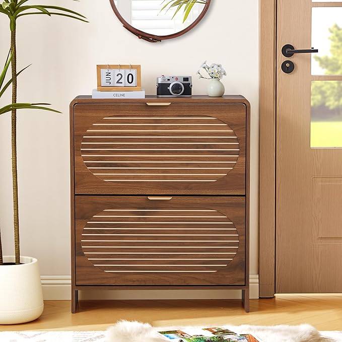 Narrow Shoe Storage Cabinet for Entryway with 2 Flip Drawers, Freestanding Wood Shoe Cabinet with Arched Stripe Panel, Curved Edge Shoe Organizer Closed Shoe Rack for Hallway, Foyer (Walnut)-NeatNest