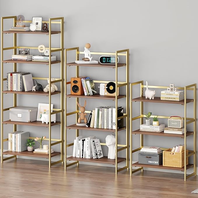 BHG Vintage Multifunctional Folding Bookshelf,5 Tier No-Assembly Plant Stand Storage Rack Shelves for Home Office (Brown&Gold, 5-Tier)-NeatNest