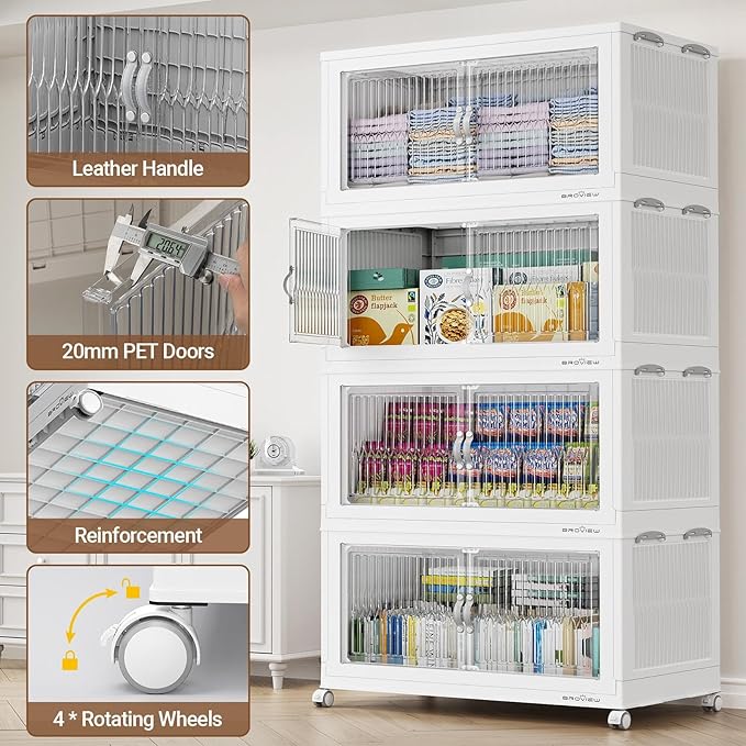 600Qt Extra Large Stackable Storage Bins with Lid, Closet Organizer Collapsible Drawer Boxes with Wheels, Folding Plastic Cabinet Containers for Home Kitchen Room Organization, 3Pack White