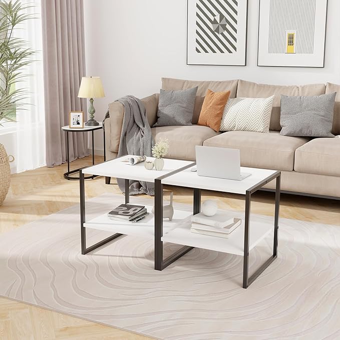 End Table Set of 2, Industrial 2-Tier Side Tables with Open Shelf, 20" Square Coffee Table with Heavy-Duty Metal Frame, Compact Tea Table Nightstand for Living Room, Bedroom, Hallway