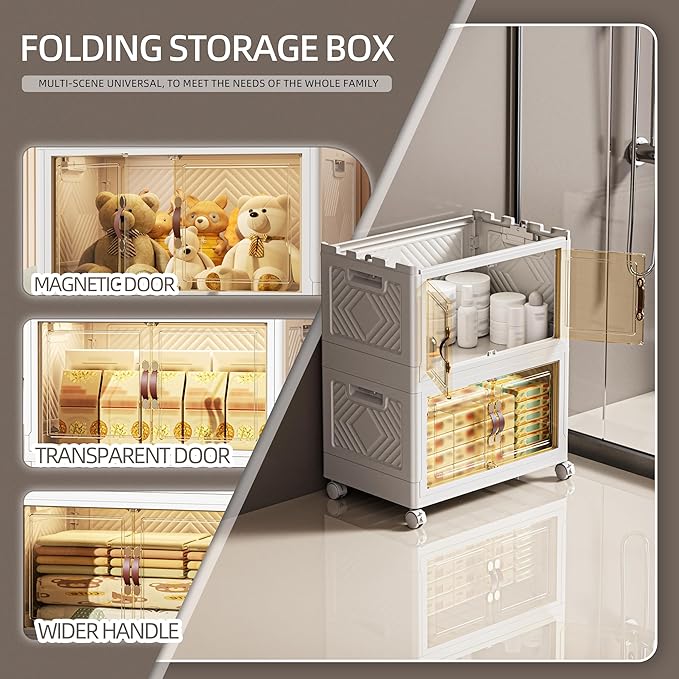 132 QT / 33 Gal White Storage Bins with 1 Lid - Collapsible Stackable Cabinet Organizer w/Wheels & Magnetic Doors, Plastic Storage Box for Office Closet Organization-NeatNest