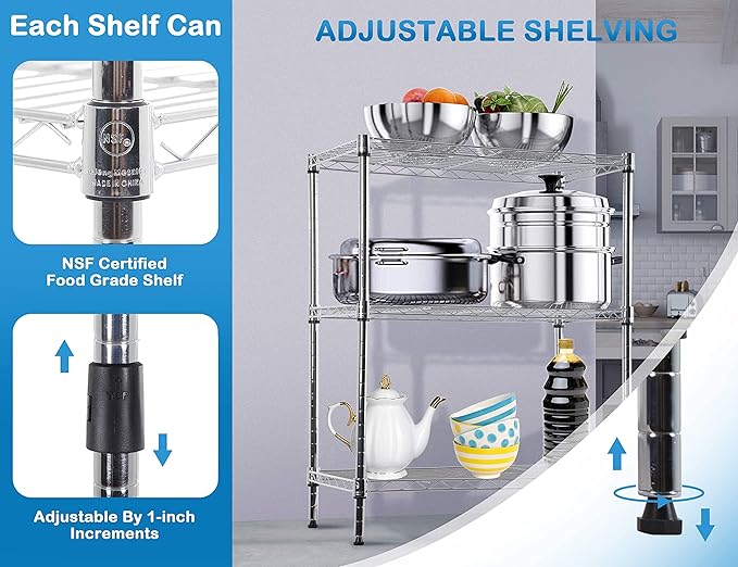 3-Tier Shelf Organizer, Kitchen/Bathroom Storage Shelves, NSF Certified, Adjustable Metal Wire Shelving Unit, 14x24x30 inches, 9 lbs