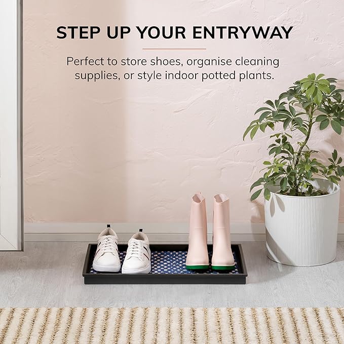Anji Mountain AMB0BT2F-010 Black Rubber Boot/Shoe Tray with Coir, Fits 2 Pair (24.5" Wide), Blue & Ivory Insert