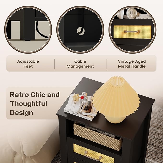 JUMMICO 26.18" End Table with Charging Station and Rattan Drawers, Farmhouse Nighstand, Wooden Storage Bedside Table, Living Room, Bedroom(1, Black Oak)