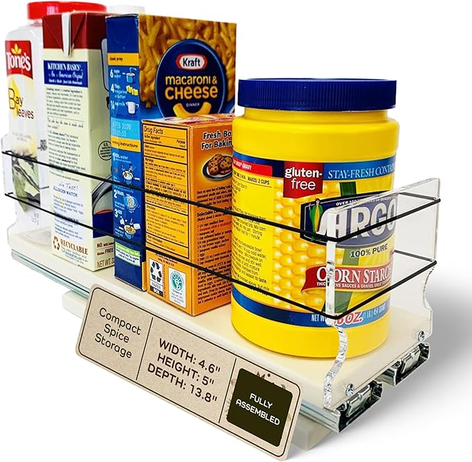 Vertical Spice 13.8" Depth Heavy Duty Pull Out Spice Rack Drawer - 1 Drawer, Mix Containers - Sliding Cabinet and Pantry Organizer - Kitchen Cupboard Storage Rack (4.6" W x 5.0" H x 13.8" D, Cream)