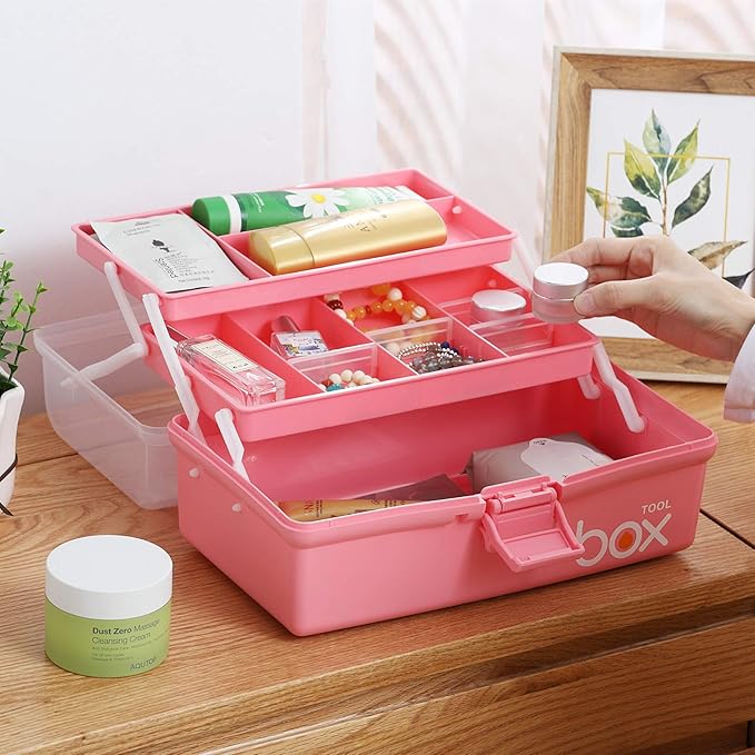 12'' Three-Layer Clear Plastic Storage Box with Handle, Craft Tool Box, 3 Layer Pink Tackle Box for Women, Organizer Box for Sewing Art and Cosmetic (Pink)