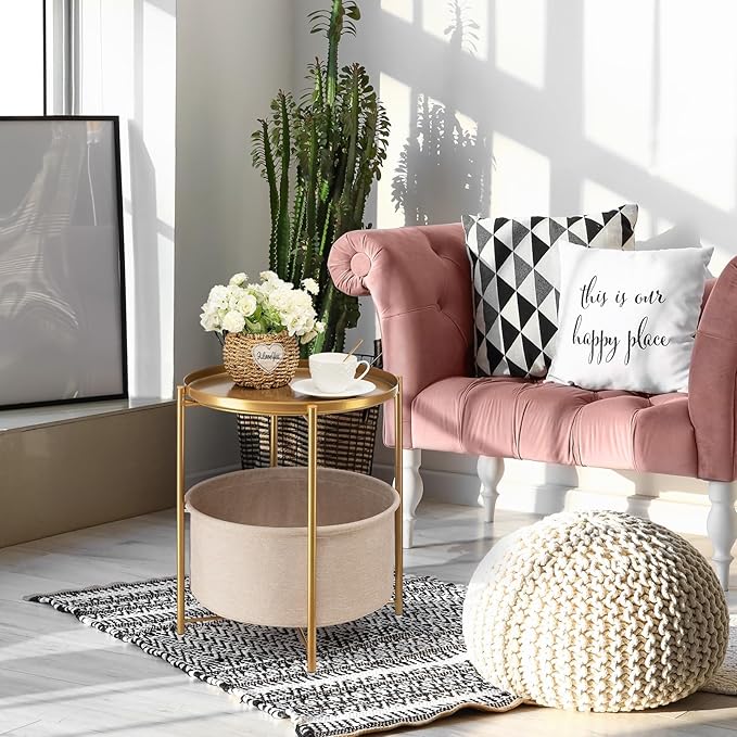 danpinera Round Side Table with Fabric Storage Basket, Pack of 2, Metal Side Table Small Bedside Nightstand with Removable Tray Top for Living Room, Bedroom, Nursery, Laundry, Gold-NeatNest