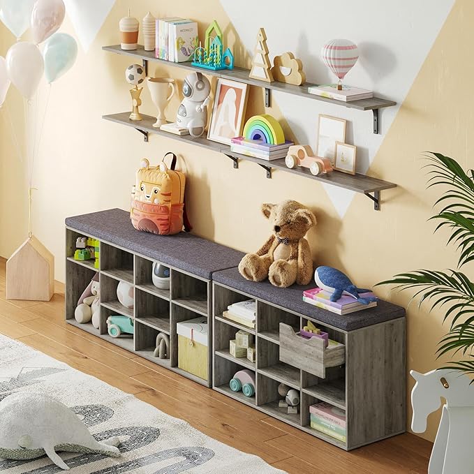 DINZI LVJ Shoe Bench, 12 Cubbies Shoe Organizer for Entryway, Storage Bench with Cushion, Cubby Shoe Rack with Adjustable Shelves for Living Room, Bedroom, Mudroom, Hallway, Gray Wash-NeatNest