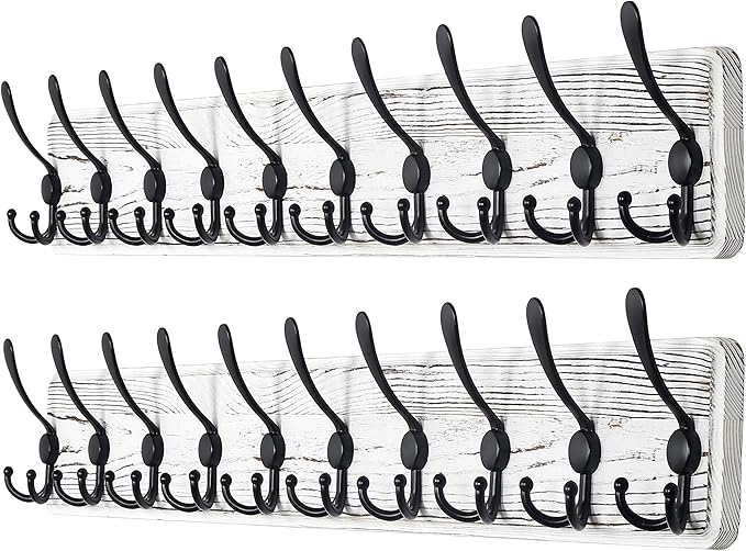 Dseap Coat Rack Wall Mounted - 10 Tri Hooks, 38-1/4" Long, Heavy Duty Wooden Wall Coat Hanger Coat Hook for Clothes Hat Jacket Clothing, White & Black, Pack of 2