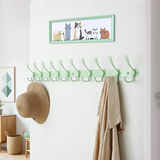 Dseap Coat Rack Wall Mount - 38” Long 10-Tri-Hooks Heavy Duty Coat Hanger Rail Wall Hooks for Hanging Coats Hats Clothing Clothes Purse Mudroom Entryway, Green, Pack of 2-NeatNest