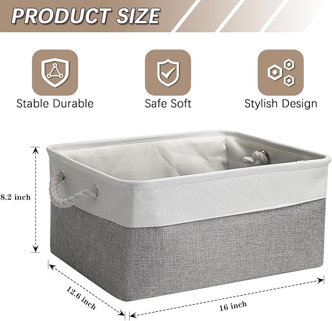 Fabric Storage Bins, 3 Pack Foldable Cube Baskets with Rope Handles, Large Collapsible Storage Cubes for Home, Office, Closet, Clothes, Books Organizer. (White and Gray, 3PCS/16*12.6*8.2inch)