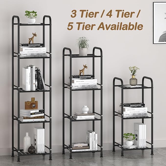 JSB 5 Tier Narrow Bathroom Shelving Unit, Kitchen Storage Rack Organizer Metal Corner Shelf for Living Room Laundry Pantry (Matte Black, 5 Tier)