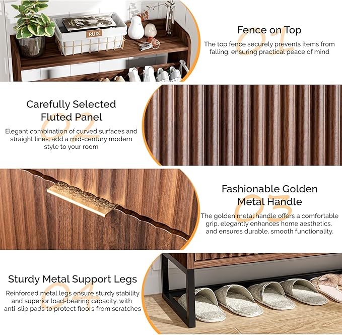 VINGLI Fluted Shoe Cabinet Storage for Entryway,Hidden Shoes Storage Cabinet with 2 Flip Drawers, Mid Century Modern Shoe Rack Organizer,Free Standing Shoes Organizer for Hallway(Dark Walnut)-NeatNest